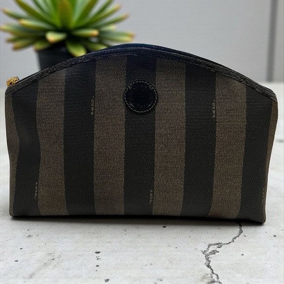 Vintage Fendi Pequin Pecan Canvas Striped Cosmetics Pouch - Picture 1 of 8